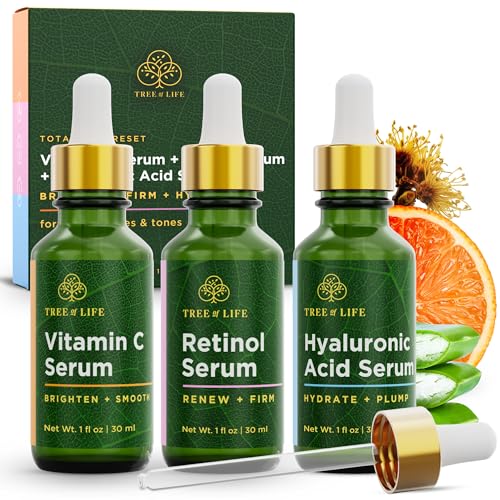 Tree of Life Face Serum Set - Vitamin C, Retinol & Hyaluronic Acid for Brightening, Firming & Hydrating - Anti Aging Skin Care Set - Dermatologist Tested - 1 Fl Oz (Pack of 3)