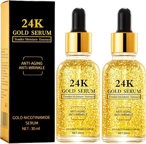 24K Gold Serum for Face, 2-Pack Anti-Aging Moisturizer with Vitamins, Collagen Booster Serum & Hyalu